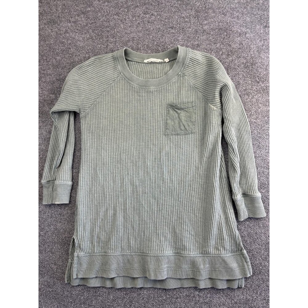 Soft Surroundings Sweater Womens Medium Green Waffle Knit Thermal Tunic Raglan